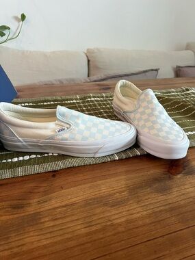 NWT Vans Slip-On Checkerboard Sneakers - Light Blue & White